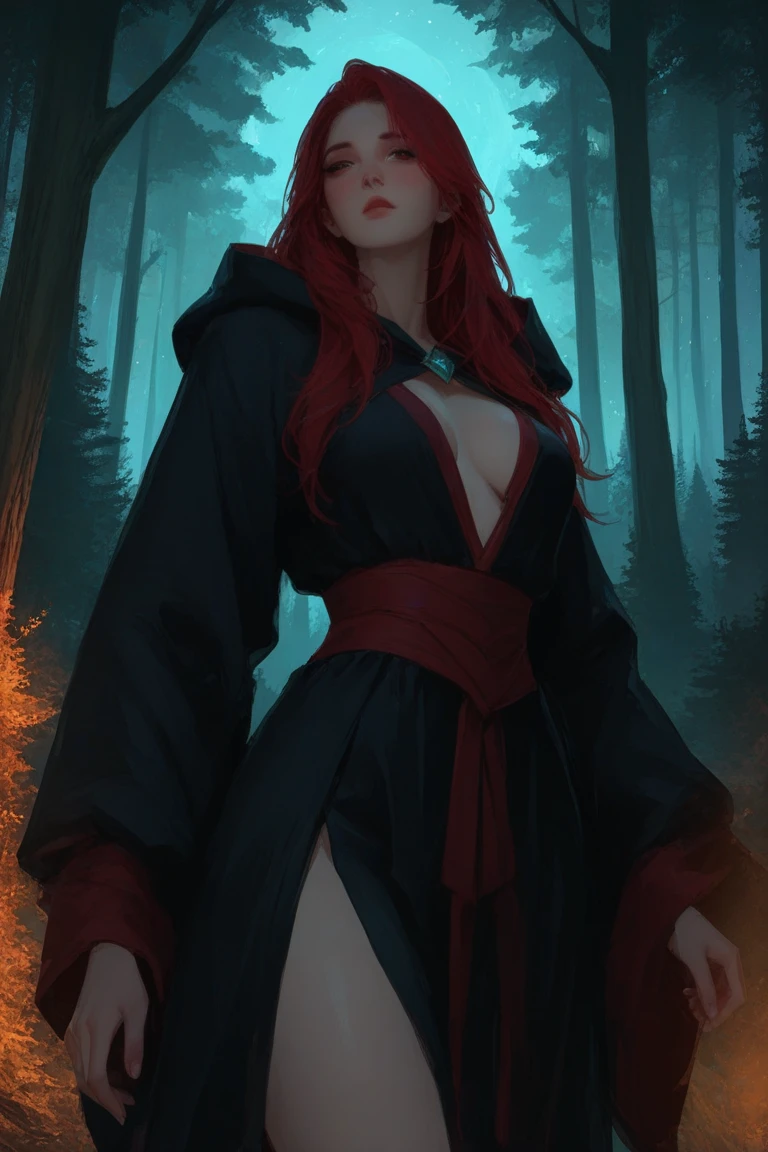 (best quality,4k,8k,highres,masterpiece:1.2),ultra-detailed,(realistic,photorealistic,photo-realistic:1.37), a powerful Sorceress with scarlet hair and piercing blue eyes, black clothes, casting spells in a mystic forest, dark magic
