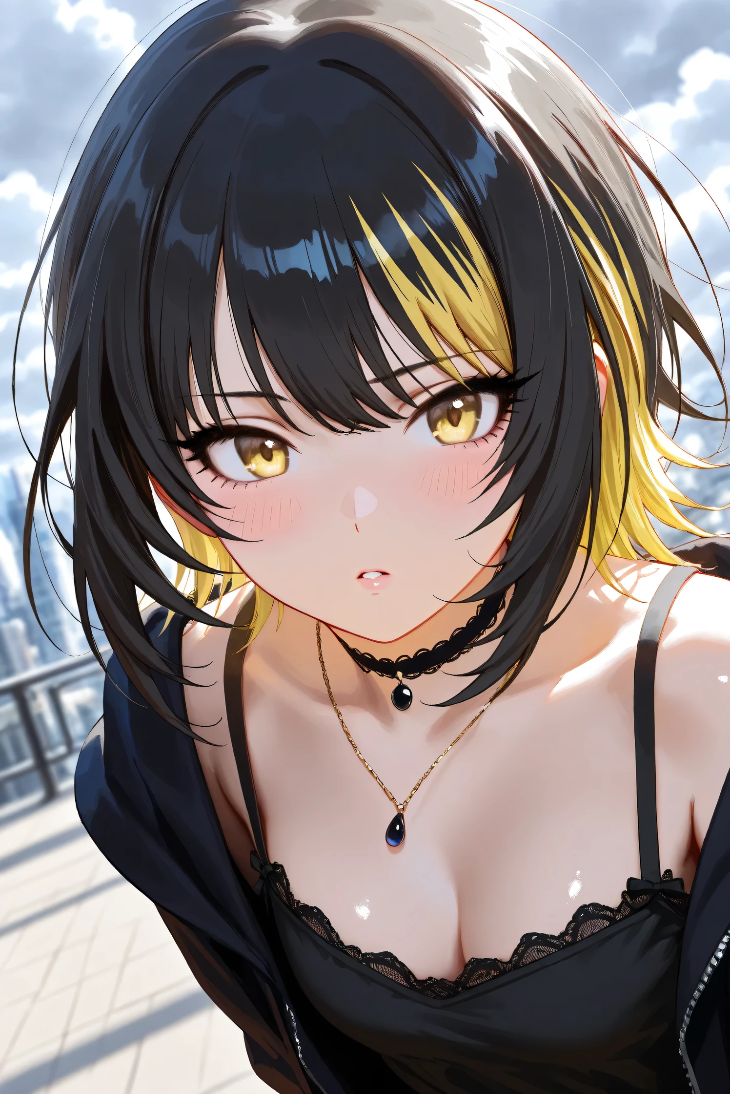 (masterpiece),(best quality),(ultra-detailed),(best illustration),(best shadow),(absurdres),(detailed background),(very aesthetic), luca ikaruga, 1girl, blonde hair, solo, multicolored hair,lightgreen metallic verymicrobikini,coverdnipple, yellow eyes, looking at viewer, black hair, night city background ,cum,cumshot
