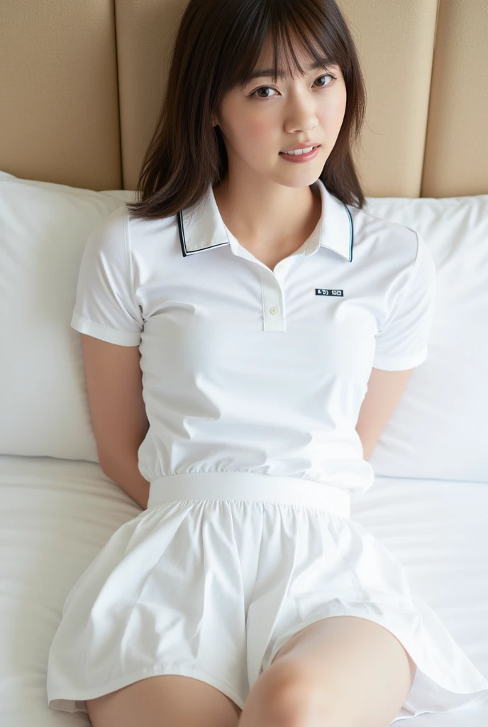 巨乳でブラジャーが透けてるボタンをきっちり一番上まで留めたWhite polo shirtと、黄色い染みのついたWhite briefsを身に着けた美少女が、学校の教室で泣きながらMasturbationさせられていて、それを見ながら周囲の女の子がMasturbationしている.,White polo shirt,White briefs,Masturbation