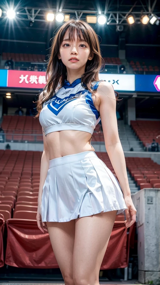  (8K, best quality, masterpiece:1.2), (realistic, photo-realistic:1.37), (high color saturation:1.0),  (highly detailed skin), (highest quality:1.0), (ultra high resolution:1.0) ,(realistic:1.0), (Super detailed:1.0), (8K, Raw photo:1.1)、random pose, smiling, natural breast, perfect lighting, 3girls, (mysterious), (blurred background), clear and detailed, dancing, cheerleading_uniform, hold in hand pompoms, ((stadium)), blue sky, sunshine, low angle, blue and white stripe skirt, raise one legs, (no panties), inverted nipples, jumping pose, software, full body shot、nsfw, audience,looking at back viewer,