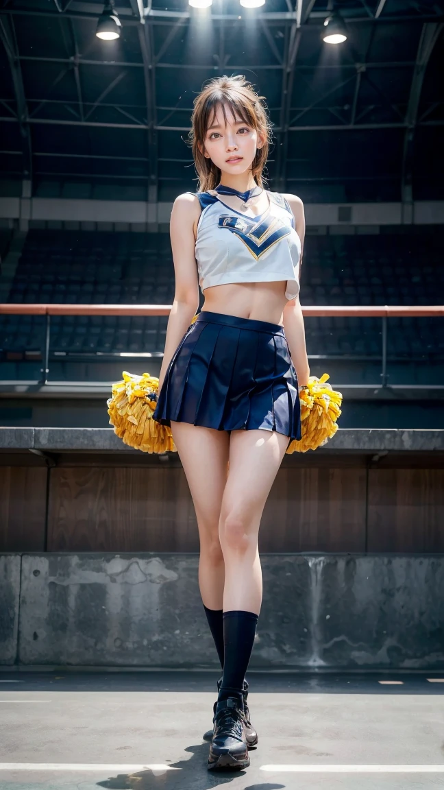 Cheerleader posing dynamically with pom-pom in stadium, small breasts, RAW photo, Best quality, High resolution, (masterpiece), (Photorealistic:1.4), Professional photography, Sharp focus, HDR, 8K resolution, Intricate details, Depth of field, Highly detailed CG Unity 8k wallpaper, Front light, NSFW, woman, girl, beautiful supermodel, Smile, Slender, ((Small Cheer Jersey: 1.3)), Yellow, Marie Rose, Blonde Hair, Long Twin Tails, Blue Eyes, European Girl: 1.2, (Loli): 1.2 14 Years old, Blue Eyes, (Small Face: 1.5),(Nasty Body: 1.2), ((Marie Rose: 1.3), Blonde Hair, Black Hair Ribbon, Long Twin Tails: 1.2, Blue Eyes, Wide-Eyed, , From Knee Up, Large Kick: 1.3, Knee High, (underboob: 1.5, Skimpy Uniform: 1.5): 1.5, (Large Skirt Lift: 1.5), Short Skirt: 1.3, Show Panties: 1.3, (Lower Breasts: 1.5))),From Bottom, Jumping,