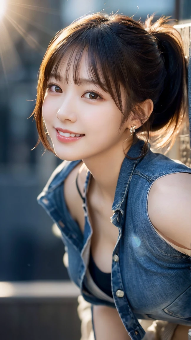 (Highest quality,masterpiece:1.3,Ultra-high resolution),(Very detailed,Caustics,8k),(Realistic:1.4,RAW shooting),1 girl,(Smiling and looking down at the camera),(Front shot:1.1),(Look forward),18-year-old,cute,Japanese,Black short ponytail,,glamorous,(Big Breasts),( close),(breast focus),street,sunlight,Natural light,(Backlight),(A bright light shines from behind),(Lens flare),Professional Writing,(Cowboy Shot),(Low position:1.3),(Low Angle:1.3)