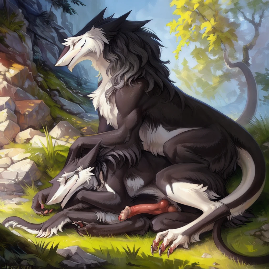 ultra-detailed, masterpiece, masterwork, high quality, best quality, hdr, (nature), posted on e621, (by Chunie ), nsfw, male, solo, (chibi), ((nude, micropenis, foreskin, perfect balls)), (white body werewolf), werewolf, (chubby body), (long silver hair, yellow eyes), sitting, front view, dynamic angle