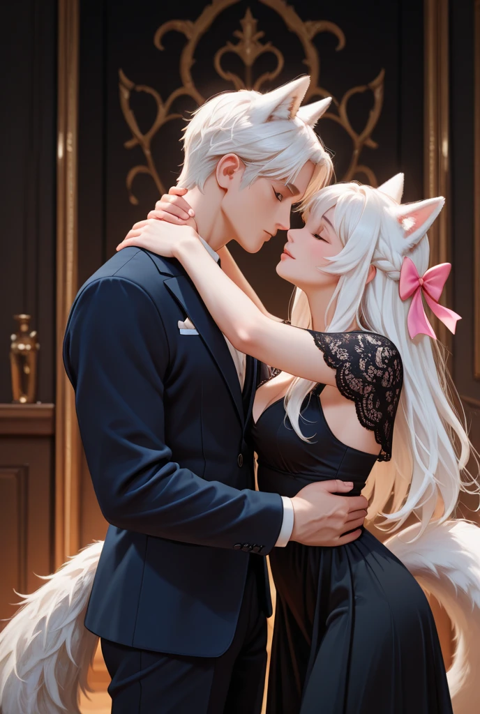  Goddess, God, Accessories, Black Cat Ears white dress White dress sleeves between the elbows Good looking Masterpiece big breasts Beautiful face open bust dress chest jewelry beautiful white hair black eyes black waist dress and his boyfriend, wearing a white shirt, white pants, a cool suit, good looking, handsome, white hair, white cat ears, blue eyes, standing and hugging a woman. Recently Masterpiece Handsome and cool, white cat ears, blue eyes, cool short white hair.