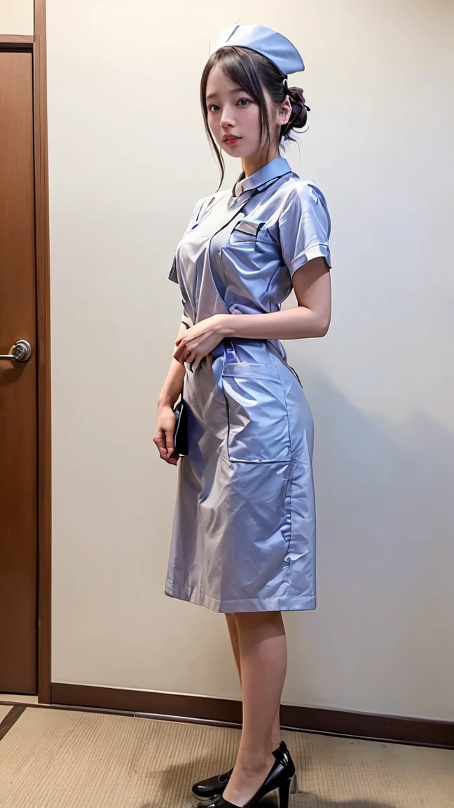 masterpiece, best quality, 16K, hospital, operating room, old woman, interior photo, glad, smiling, standing, front view, long hair, ponytail, black hair, eyes open, (large breasts:1.32), (wrinkles corners eyes:1.32), (nasolabial:1.32), (old skin:1.32), freckled skin, wrinkles skin, pale skin, (old muscles:1.2), plump, {(nurse), (breast pocket), (collared dress), (short dress:1.48), (short sleeves), (thighs), (white dress), (white headwear), (white sandals), (stethoscope)}, beauty mark, 55-year-old, old, elderly, japanese, inside, in the hospital, with a operating table, in the afternoon, real person, ultra realistic photo, nsfw, full body shot, from front, front view