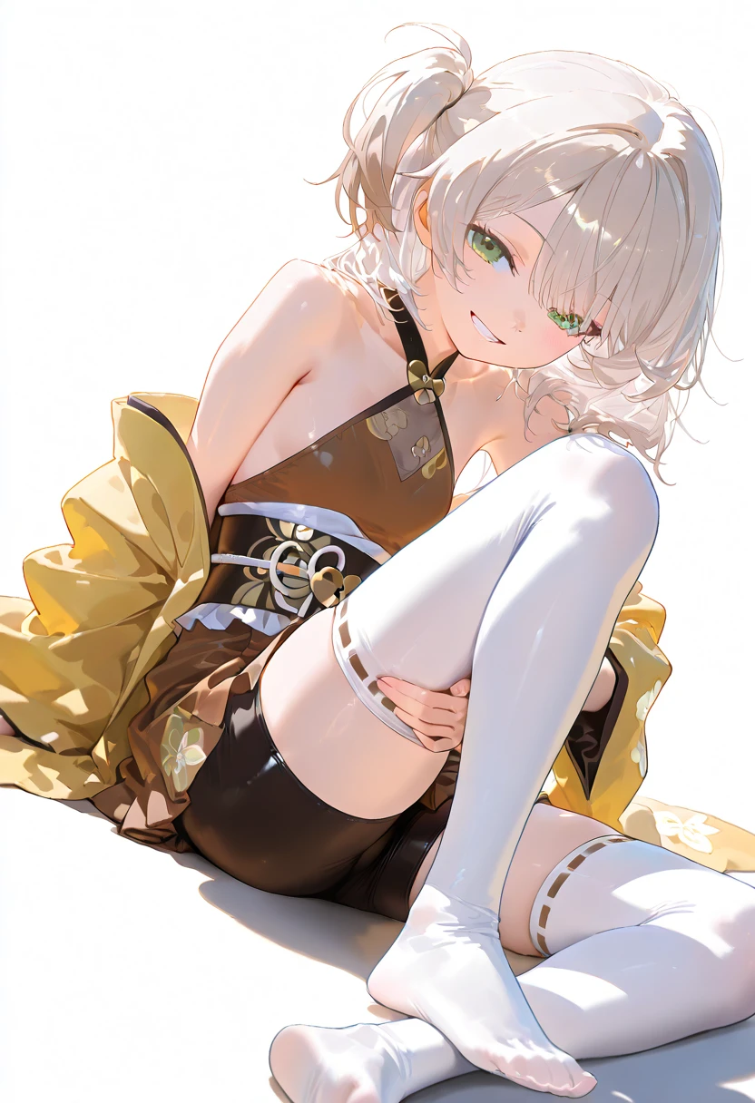 best quality, 32k, RAW photo, incredibly absurdres, extremely detailed, beautiful slender and sharp face, sitting knee shot, spread legs, arms behind back, translucent pastel color kagoromo, amorous and lewd expression, blonde bob cut, side braided, superlative body proportion, fractal art, art design, background Raining petals, gold dust, holy water