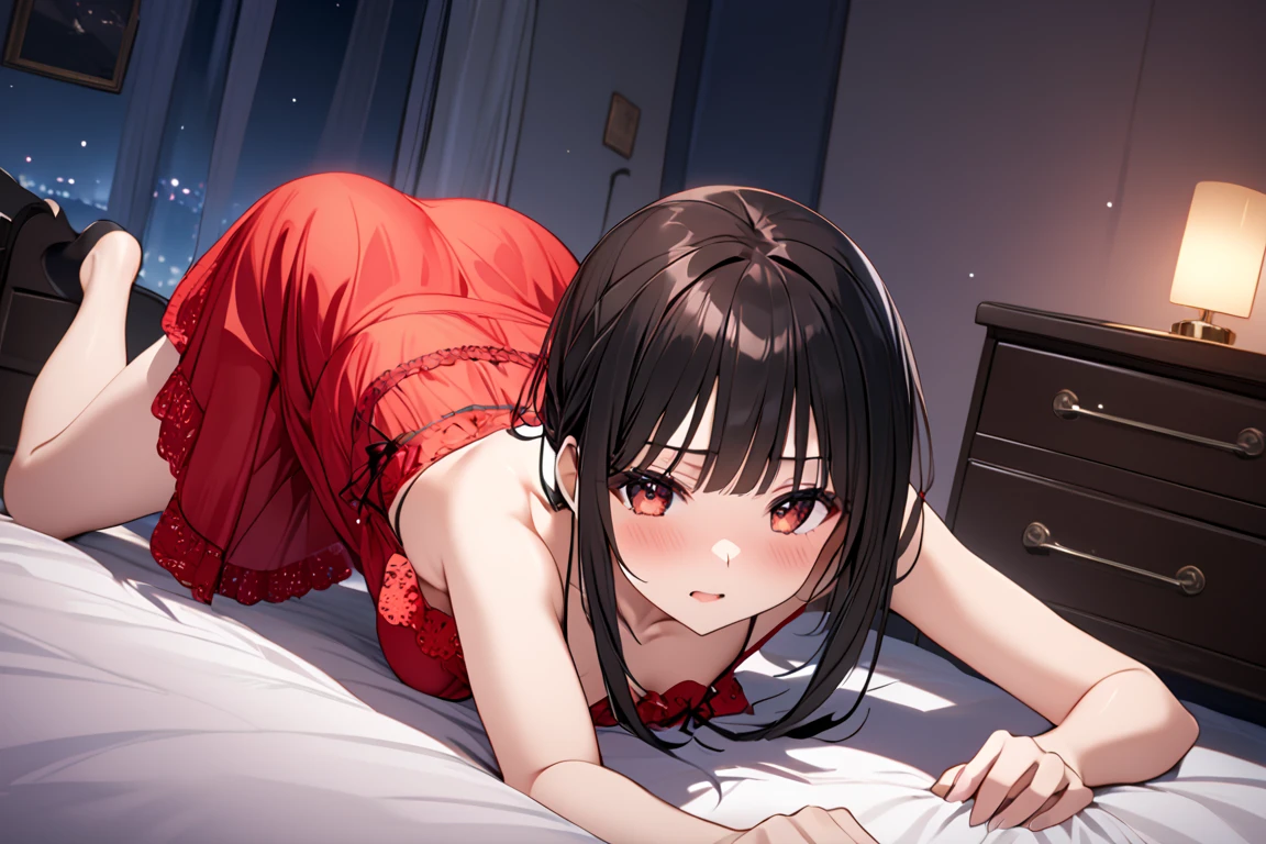 beautiful girl、bed、((On all fours))、((Red panties))、Thong、Beautiful buttocks、Black Hair、long、Backwards