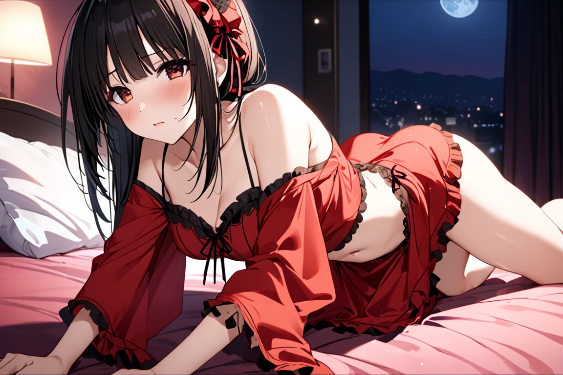 One beautiful woman、(Wearing red sexy lingerie:1.2、valley、Thighs)、Hot and beautiful posing model, Full Body、Curly black hair, Dark blue eyes, Sensual look、Indoors at night、Lying on the bed、Background Blur、(highest quality、masterpiece、High resolution、detailed)、animeスタイル、Flat Style、(Beautiful Eyes, Delicate and beautiful face、Glowing Skin),  BREAK,extremely detailed、Cinematic lighting、High saturation,floating、Dynamic Angle、anime