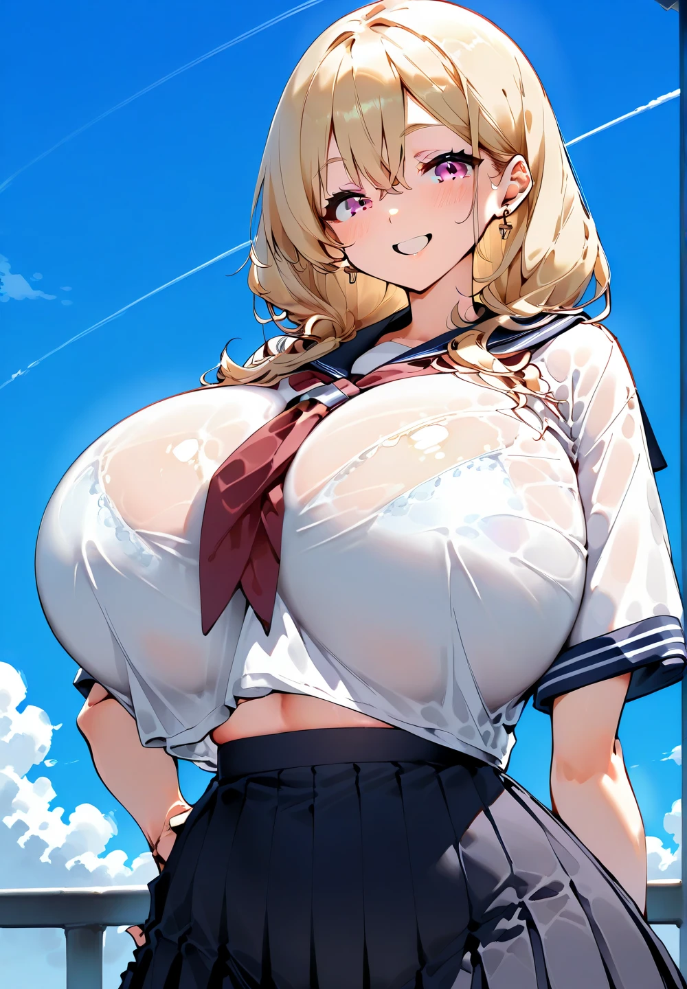 White sailor hat,blonde hair,short hair,sailor top outfits,blue mini skirt,seductive smile,look at viewer,bigbreast,wide hips,thicc tigh,glasses