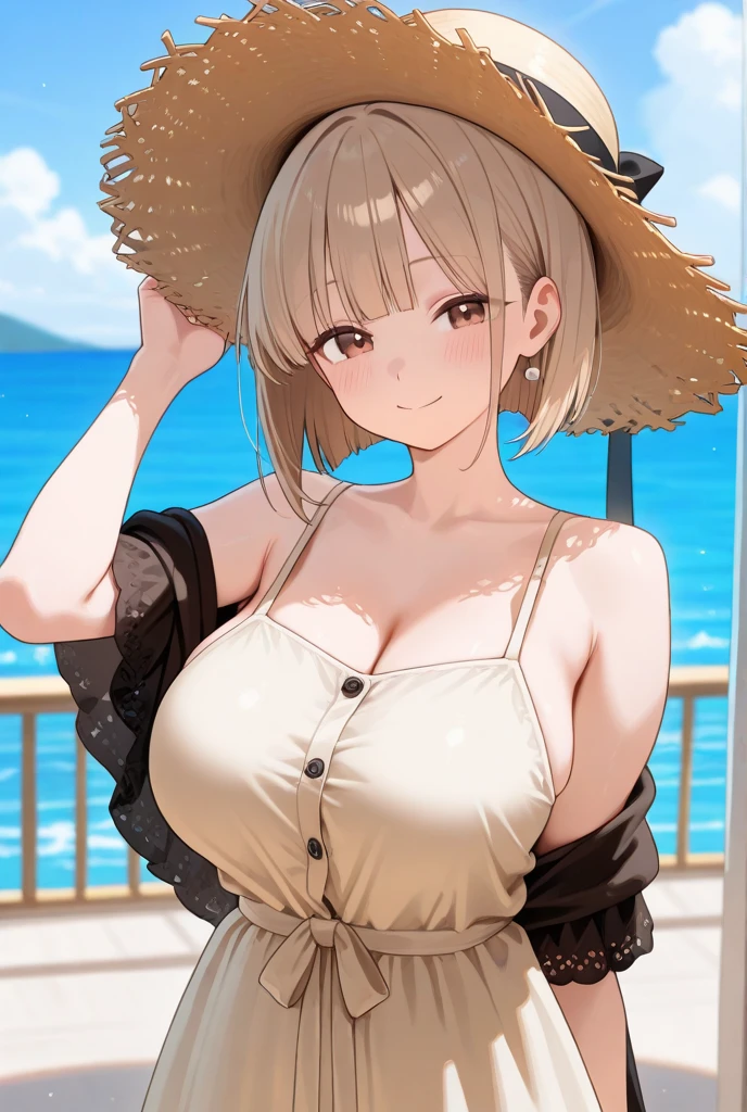 Best Quality, Ultra-Detailed,,1girl, Solo, Nikkeanis, Cross-Eyed, short_hair, open_mouth, Large breasts, Bending Down, Near, Back, Sitting on the Fence, Normal Hip, brown_hair, hair_ornament, brown_eyes,yellow_eyes, Beret, Cowboy Shot, (Bikini:1.3), Beach, Summer, Silky Pale White, Shiny Skin