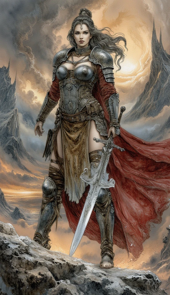 Create a highly detailed fantasy illustration of a female warrior ...