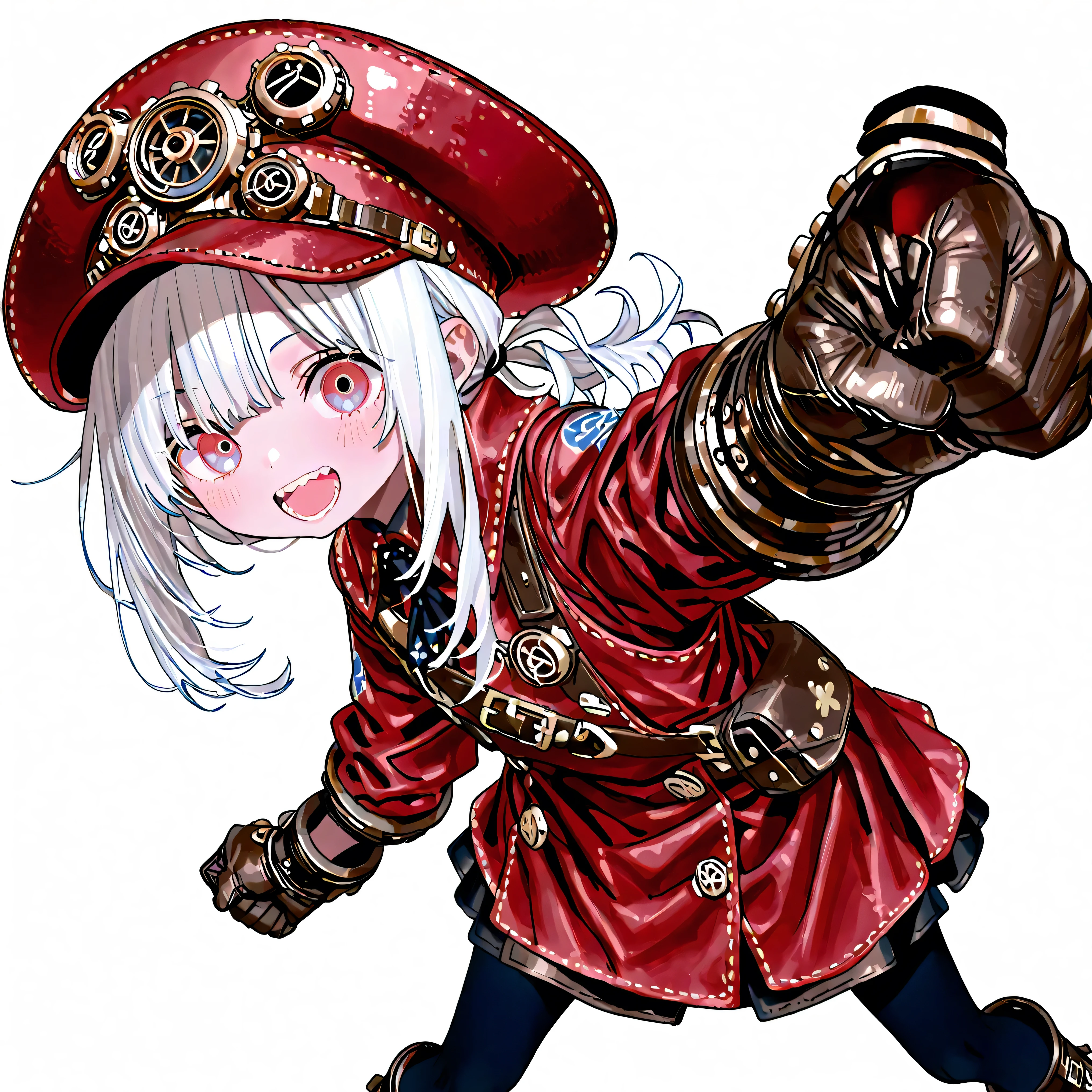high resolution、High Quality、Shortcuts, low ponytail 、 white hair、stupid hair、black pantyhose 、Boyish clothes、double teeth、solo、Thick-soled boots、 asymmetric hair 、 simple eyes 、white background、standing、huge steampunk gloves、right straight punch、Wide Angle Shot,