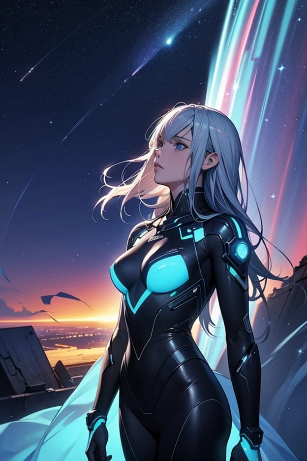 Smoke, postapocalypse, The ruined backdrop of the city, buildings on fire, spaceship in the sky, science-fiction, (shapely body: 1.4), a 1girl, (Long white hair: 1.4), Cyan eyes, Black pants, black big sweatshirt, hood, Cyberpunk clothes, HDR (High Dynamic Range), ray traced, nvidia RTX, Over-resolution, Unreal 5, sub-surface Scattering, текстурирование PBR, postprocessed, Anisotropic filtering, Depth of field, Maximum clarity and sharpness, Multi-layer Textures, Albedo and specular maps, Surface shading, Accurate Light-Material Interaction Simulation, Octane rendering, duotone lighting, Low ISO, White balance, the rule of thirds, Wide aperture, 8K RAW, efficient sub-pixel, sub-pixel convolution, (luminescent particles: 1.4), {{tmasterpiece, beste-Qualit, extremely detailed CGI, Unity 8k Wallpaper, 3d, light, lens flares}},