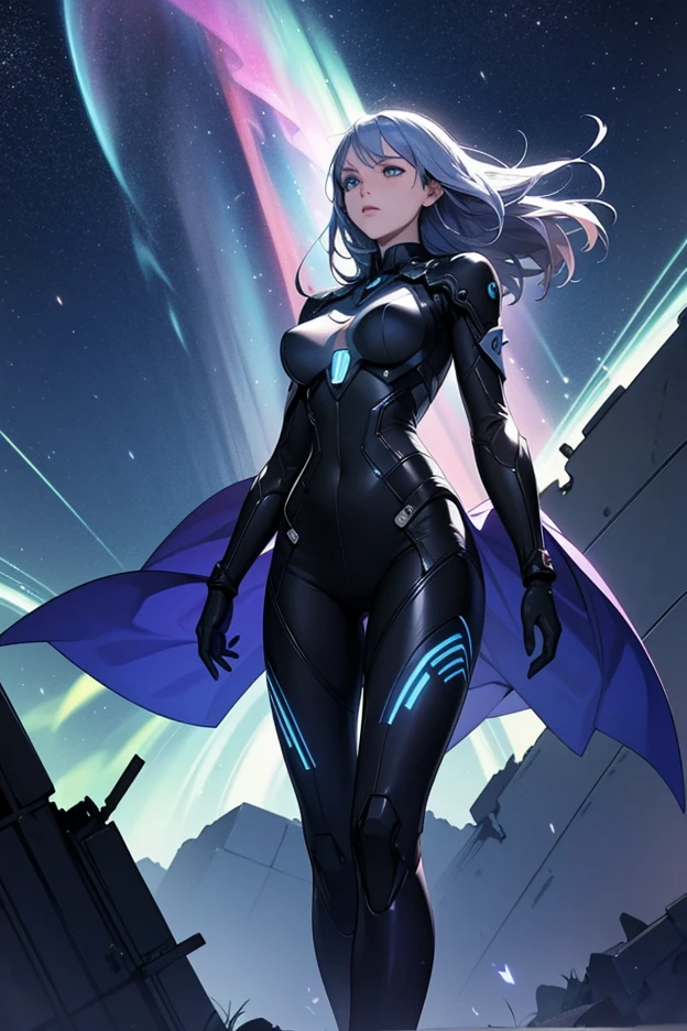Hermosa milf cabello oscuro ojos azules .with a state-of-the-art black exo military suit