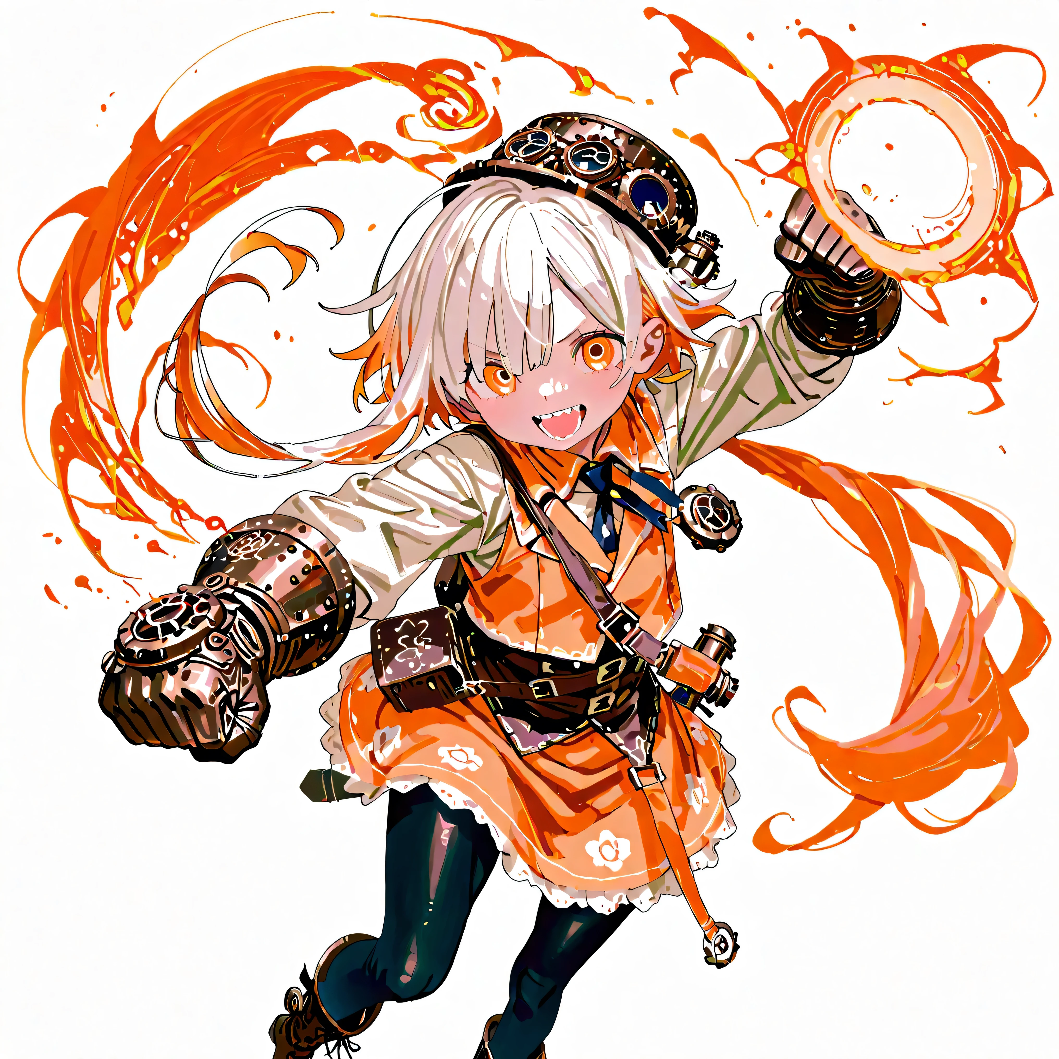 high resolution、High Quality、Shortcuts,    low ponytail  、 white hair、orange hair、 stupid hair、black pantyhose  、Boyish clothes、double teeth、solo、Thick-soled boots、 asymmetric hair 、   simple eyes   、white background、standing、huge steampunk gloves、right straight punch、Wide Angle Shot, 