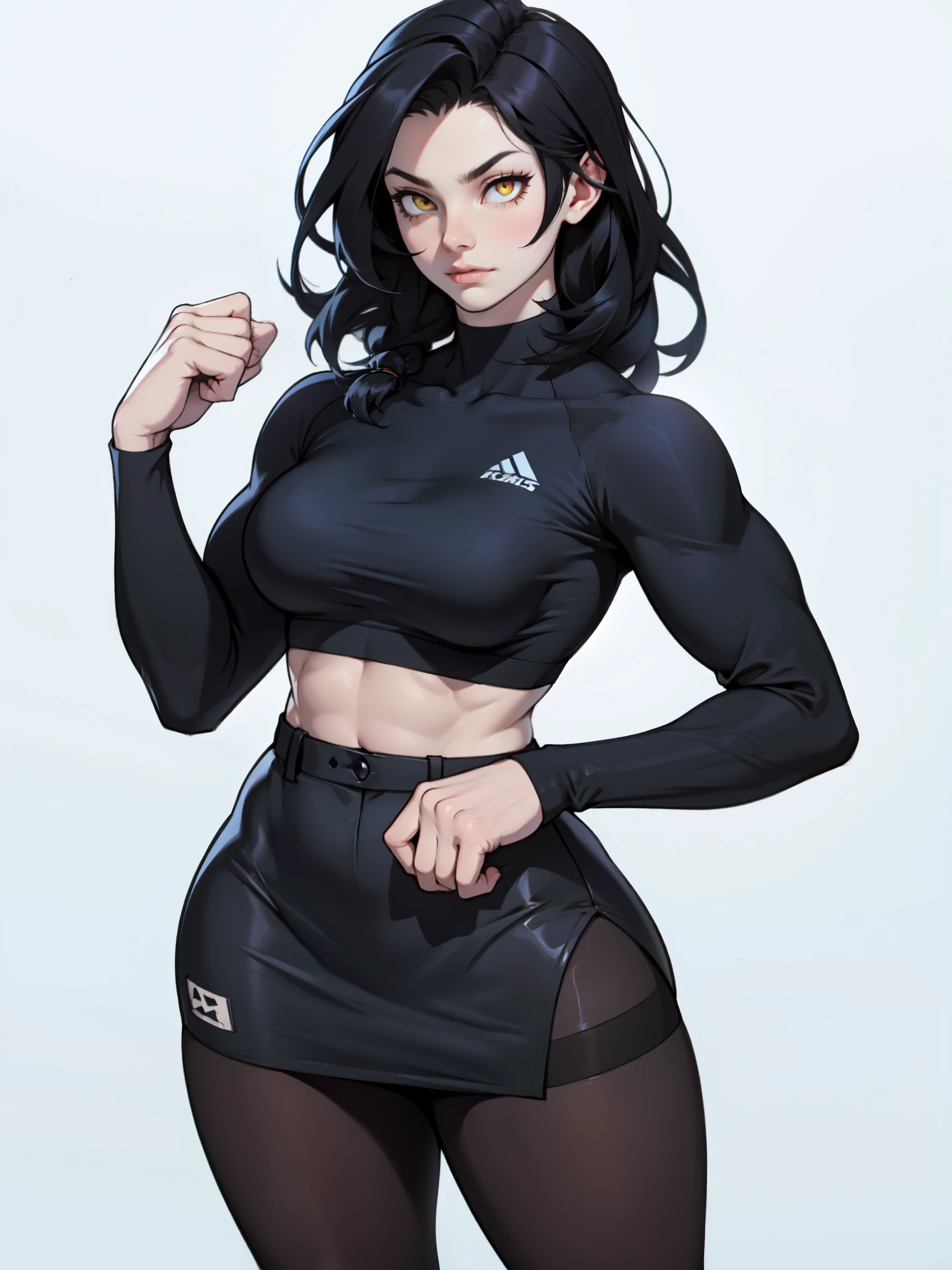 sad girl muscular girl thick girl pale skin girl black hair girl yellow eyes girl skindentation thigh highs pencil skirt crop top midriff navel abs lace garterbelt
