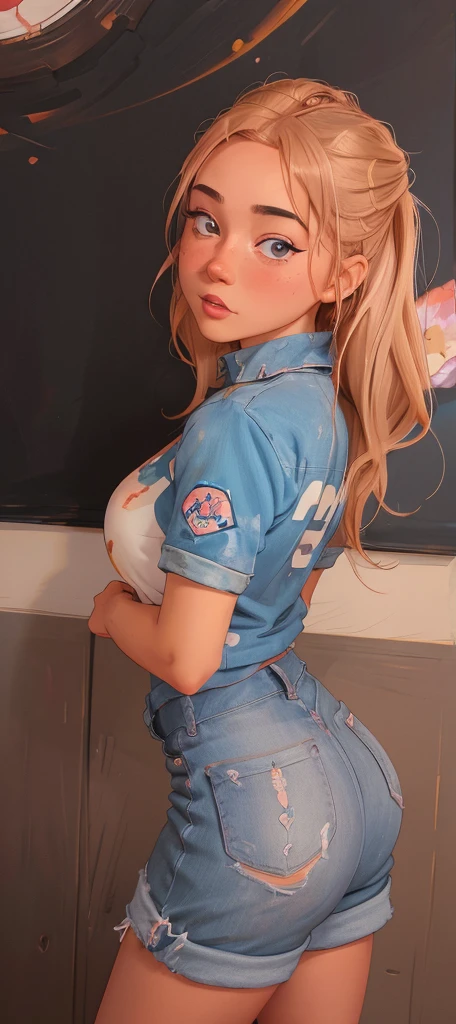 Sailor moon sexy schoolgirl with blonde hair and blue eyes, two buns, heart shaped face in outfit with a classroom in the background