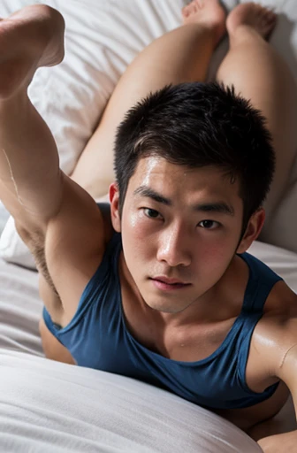 A handsome, muscular young Asian man laying on the massage, wearing, Fieldside, sunlight