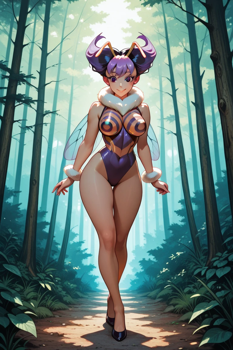 1sologirl (((oni very blue skin, 2sheep short curled horns, 2legs, 2arms, toned body, white bob hair, happy, full body portrait, butterfly wings winged))) (masterpiece, ultra detailed high quality, high resolution, best quality) barefoot bare arms, purple pinched eyes, yellow BIKINI stockings sleeves