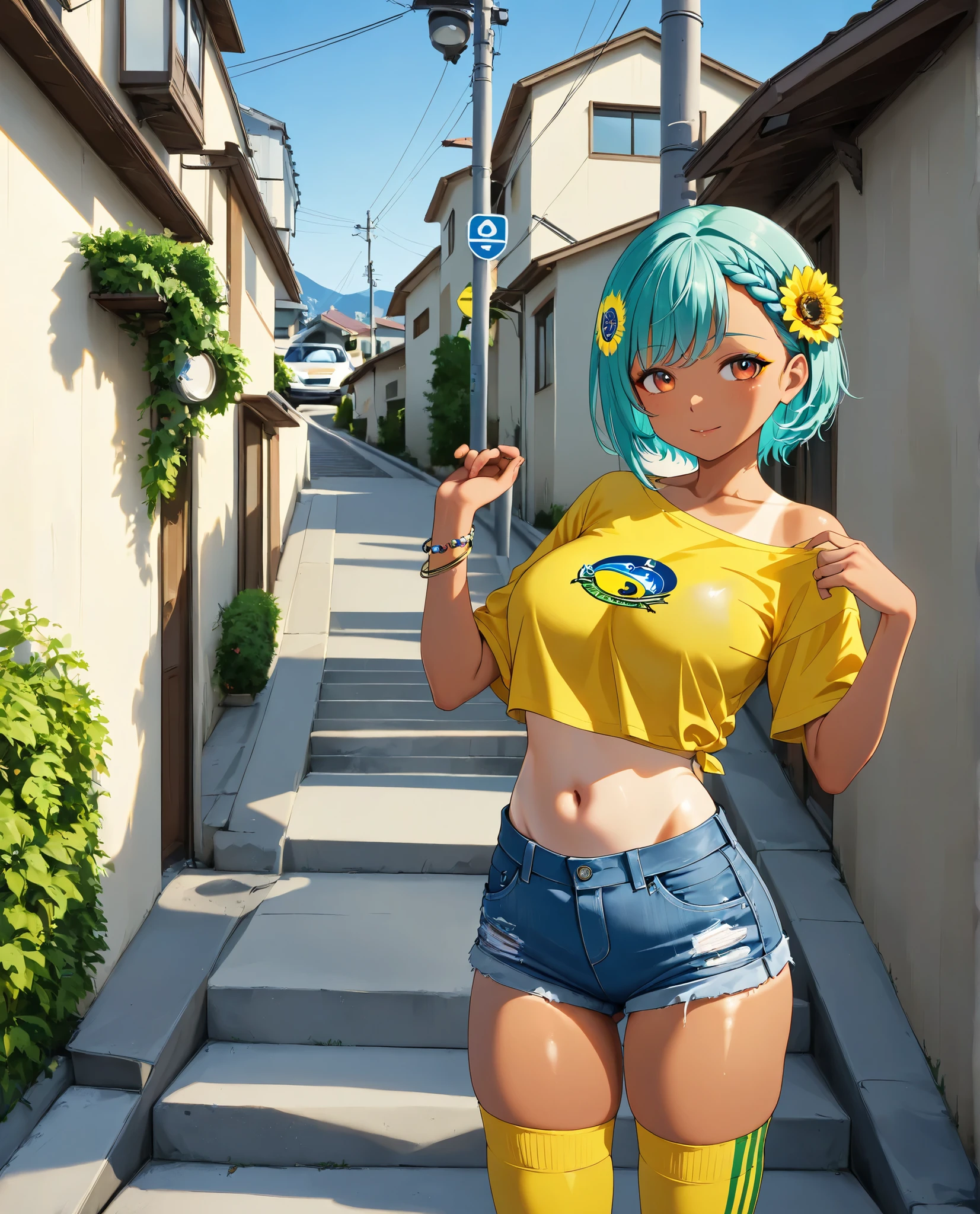 1girl, (solo:1.2), absurdres, aqua hair, short hair, braided bangs hairstyle, orange_eyes, golden_eyeshadow, large_breasts, bracelet brazilian_flag brazilian_flag_print crop_top denim denim_shorts flag_print flower hair_flower hair_ornament jewelry micro_shorts navel shirt shorts simple_background tan tanlines thighhighs white_background yellow_shirt yellow_thighhighs apartment blue_sky building car crosswalk house motor_vehicle mountainous_horizon outdoors porthole power_lines railing road road_sign scenery sidewalk sign sky stairs town traffic_light utility_pole window