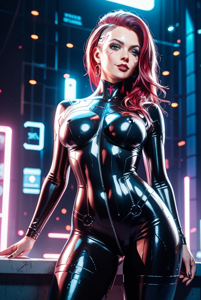 Creates an image of a woman with a defined waist and fat legs dressed in a futuristic Jango Fett style top in metallic black and mesh fabric details and pointed black heels with jaguar specks over her outfit and wears feminine makeup on her face and has big lips and long flowing red hair and flirtatious look and she has a piercing in her navel and also stockings and she wears ice black leather gloves and she is posing squatting next to a dark blue futuristic car in the futuristic city with neon lights in the background under the night sky