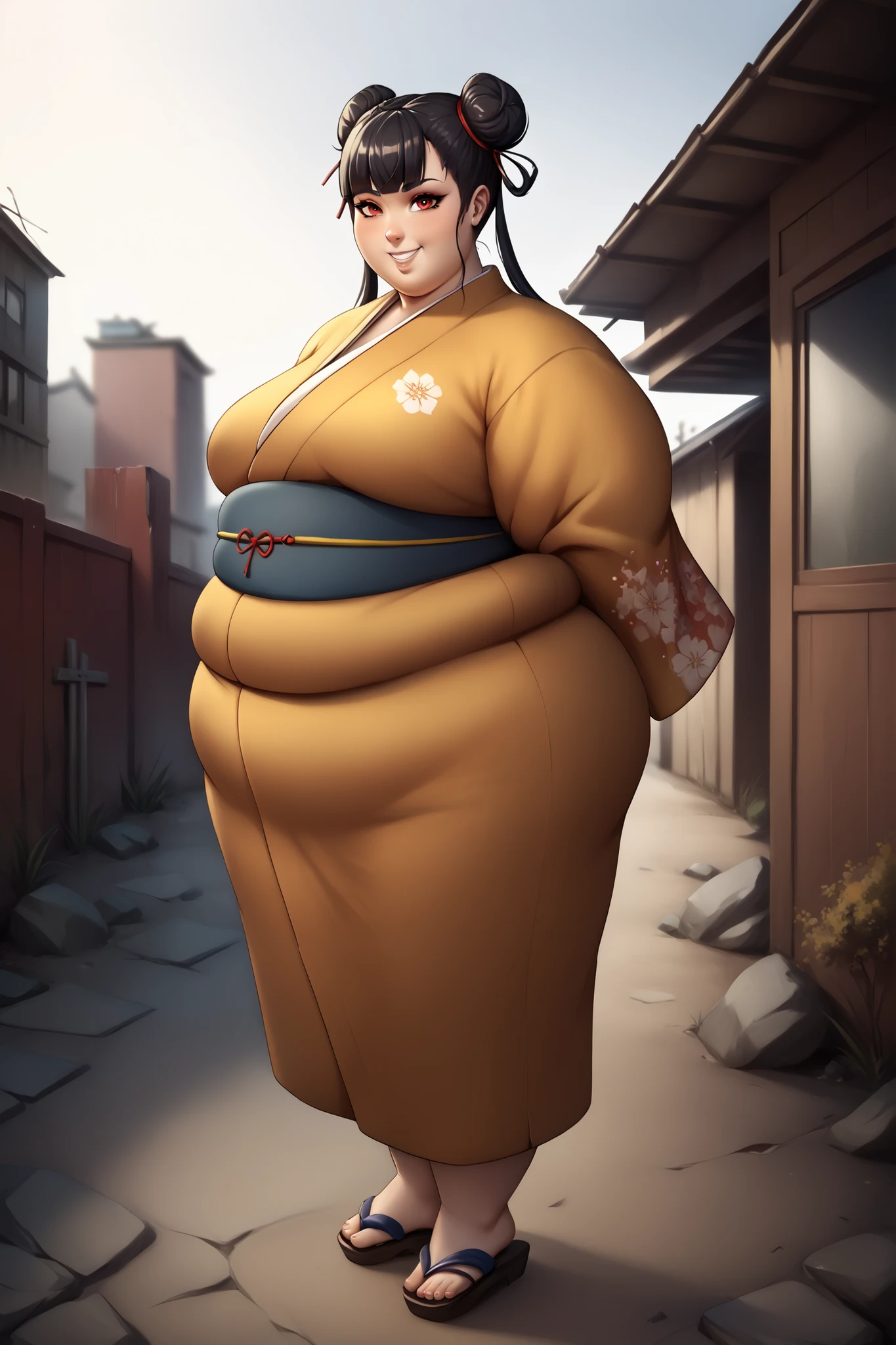 score_9, score_8_up, score_7_up, score_6_up, score_5_up, score_4_up, BREAK, source_anime,
1girl, black hair, blunt bangs, double bun, long hair, red eyes, twin tails, breasts
 kimono, sandals, SSBBW, fat, 500 lbs.,
hands behind back, smile, full body, looking at viewer, solo, outdoors, wasteland   