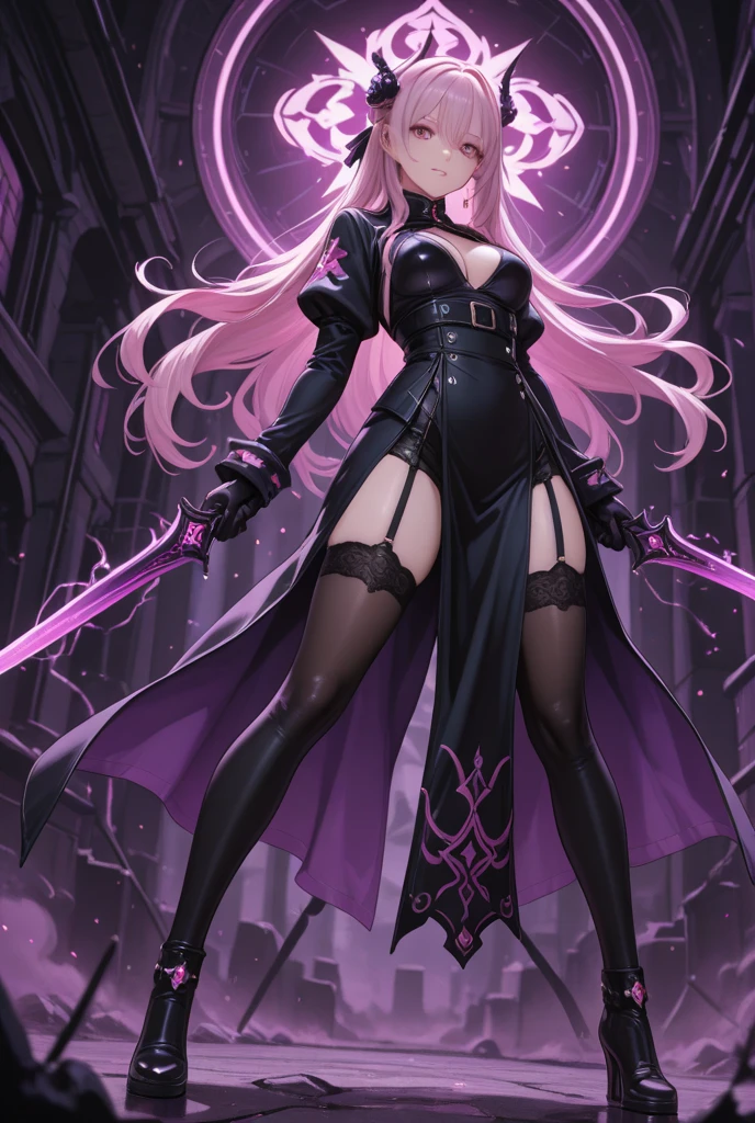 ((Masterpiece: 1.2), (Best Quality: 1.2), Very high resolution, very detailed, perfect anatomy, dynamic angles, dynamic poses, composition that brings out the best in the subject, Female, alone, solo, The subject is in the center of the screen:1.2) :1.2)BREAK 1 girl, pink hair, magenta long sleeve,magenta dress, long dress, slit dress, thigh highs, magenta footwear, staff, witch hat