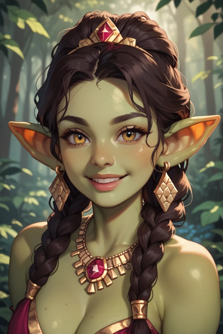 (masterpiece), (best quality),(portrait),(bust up),1girl,solo,(sharp focus),(look at viewer),goblin, (goblin girl),(childish) ,green skin, (ancient:1),ancient luxurious long clothes,old school fantasy art,((simple background)),super shiny face,Ultra Glossy Skin