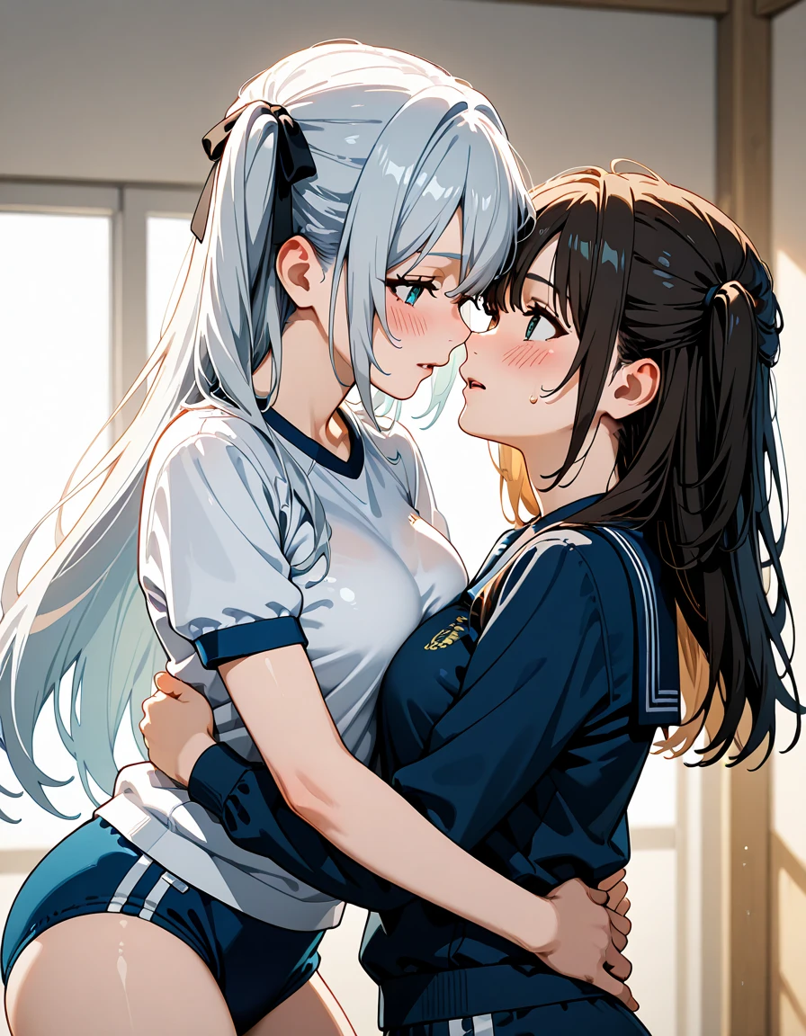 (Cute eyes:1.2), (classroom:1.2),(Beautiful Eyes:1.2), Highest quality,wonderful,finely,Highly detailed CG Unity 8k wallpaper, (Hug from behind:1.5),(Put your hands in your panties:1.5),(sexual harassment:1.5),(Love juice:1.3),(kiss:1.3),(Two people with an age difference:1.5), (Two Girls, Sailor suit, Skinny body, Dressed), (Huge breasts), (Open your mouth:1.1),(White knee socks:1.3),(Thighs:1.3),(Waistline:1.2),(お揃いのSailor suit:1.2),(From behind:1.2),(Beautiful eyes:1.2),(Different hairstyle),(They both have different eye colors:1.5),(They both have different skin colors:1.5),(Thighsまで隠れるニーソックス:1.2),(Very short skirt:1.3),(Arms don't stick together:1.2)