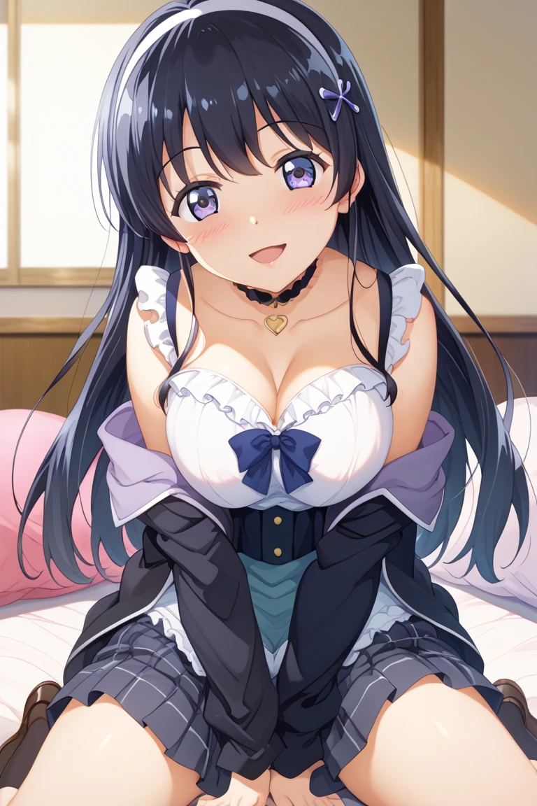 NSFW,Lying down,Turning the,One girl,Striped panties,Black hair,Twin-tailed,a purple eye,Heterochromia,Moe Clothes,Striped socks,blushed face,Smile with open mouth,Light blue ta,garter strap,Top image quality,Best Quality