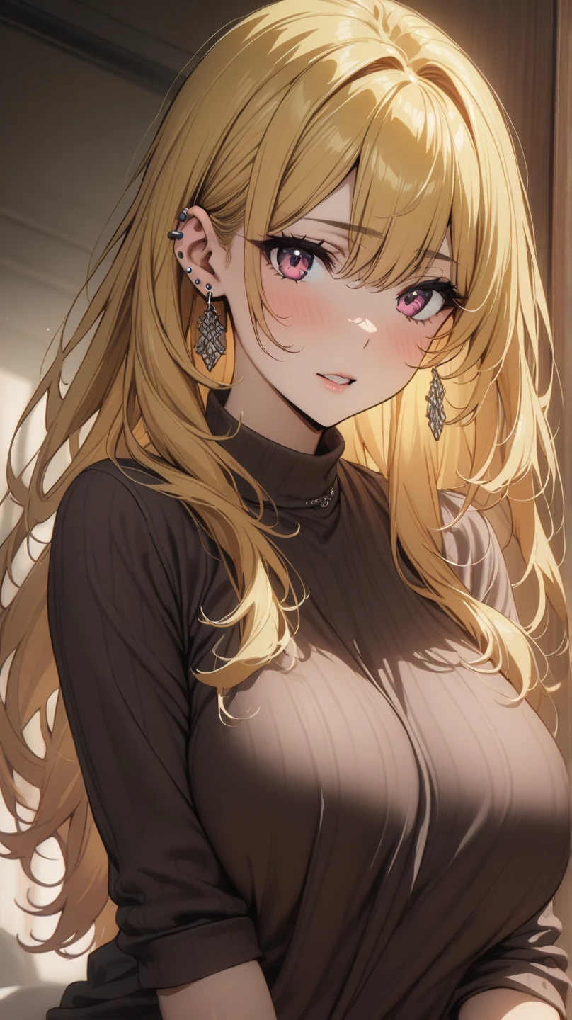 1girl in, age19, Solo, Long hair, Colossal , Looking at Viewer, blondehair, Bare shoulders, Brown eyes, jewely, Full body, a necklace, off shoulders, Sweaters, Realistic, A sexy, (Close Up on upper body),