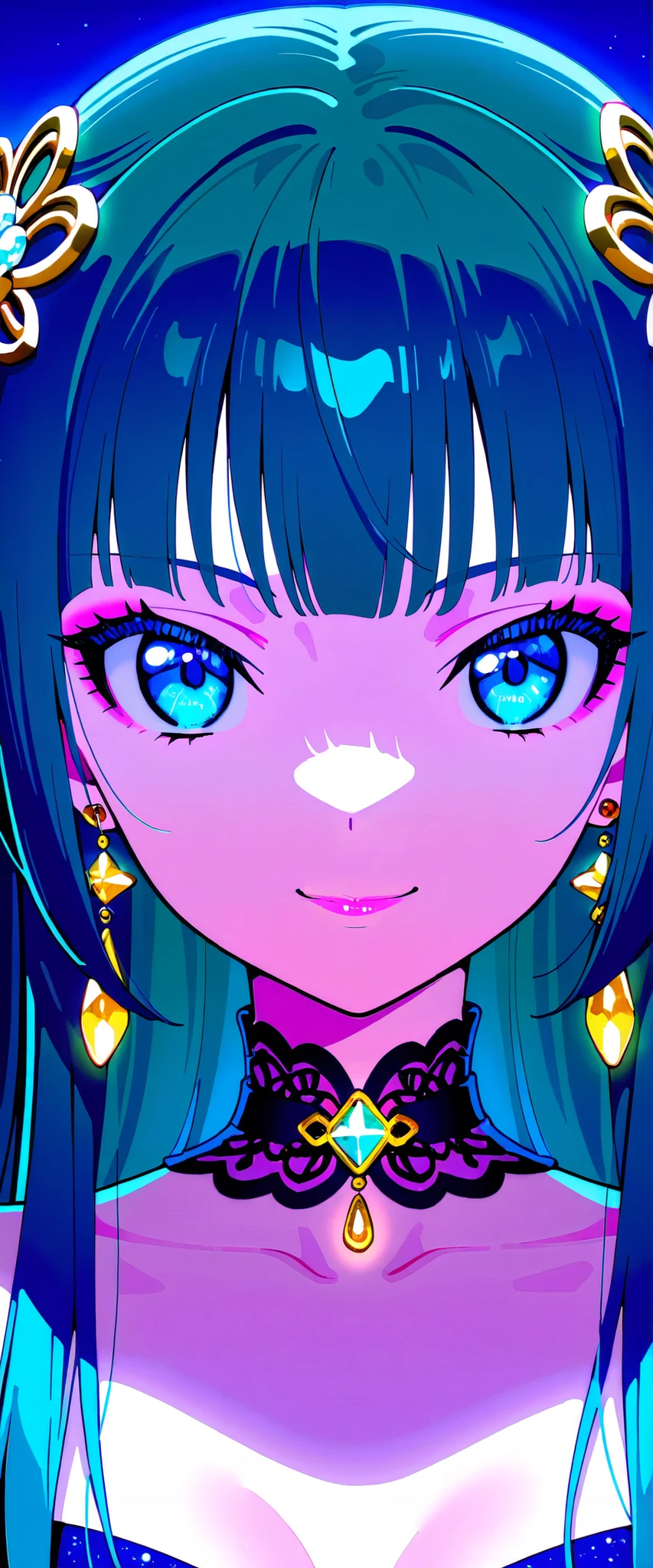 1 girl, Mao Mao, solo, green hair, long hair, blue eyes, Break up your blunt bangs, earrings, jewelry, straight hair , hair over shoulders, hair ornament, makeup, pink eyeliner, small breasts, Pale skin, Dynamic Angle, Deep Blue Evening Dress with Deep Neckline, golden earrings, Gold Ring, Sparkling Rhinestone Black Choker, Horizontal milk, viewers streaming out of their glans, soft smile, nice smile, small, beautiful, night ,