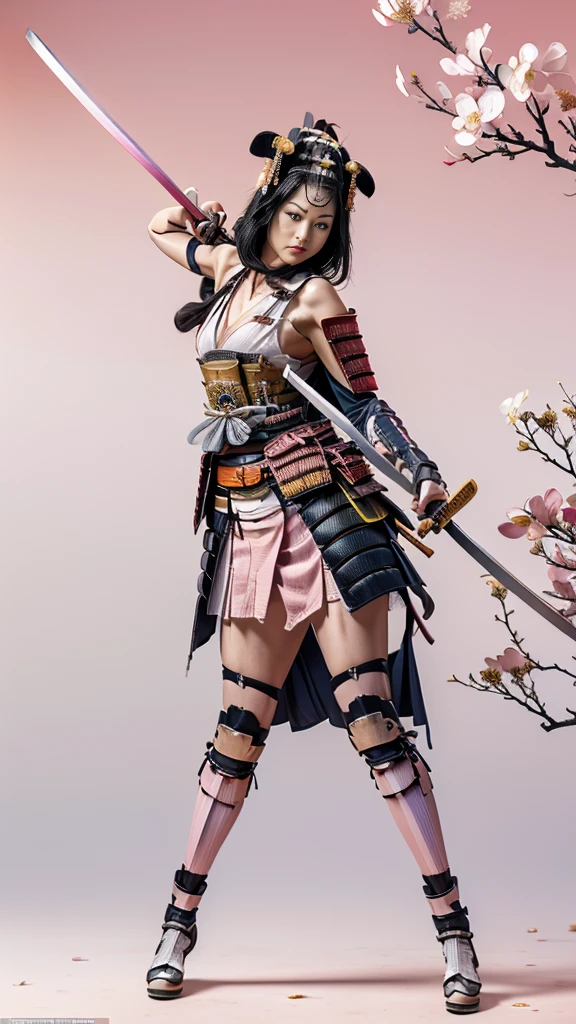 (best quality,4k,highres,masterpiece:1.2), ultra-detailed, realistic: 1.37, detailed armor, female samurai, threatening appearance, powerful pose, cherry blossom-themed armor, 2D model, RPG boss, white background, full body shot