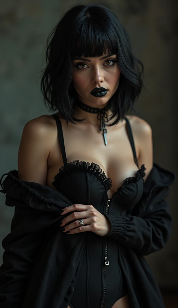 (best quality, hyperdetailed photography:1.2), beautiful italian lady, ((dark black lipstick)), freckles, gothic makeup, soft light, curvy figure, head and breast portrait, cover, (detailed beautiful face, detail skin texture, ultra-detailed body:1.1) sexy vampire women, full body photography, with black elegant and sexy dress