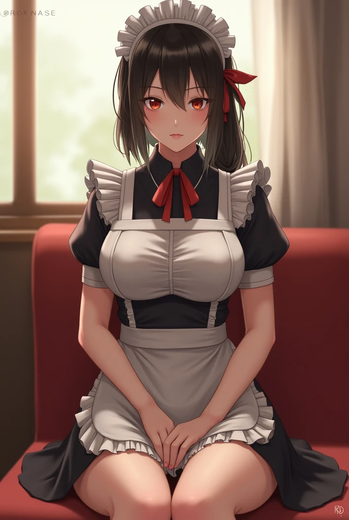 There is a woman sitting on a bench in a restaurant, Anna Millers uniform、spread your legs,Show white panties,thin waist、big exy ponytail、Sexy、Girl to La(Girl and La)(Girl and La)(Girl and La)(Girl and La)(Girl and La), Ayaka cosplay, white and orange breastplate, maid dress, anime girl cosplay, , wearing a maid outfit, cosplay, maid costume, maid costumeを着たアニメの女の子