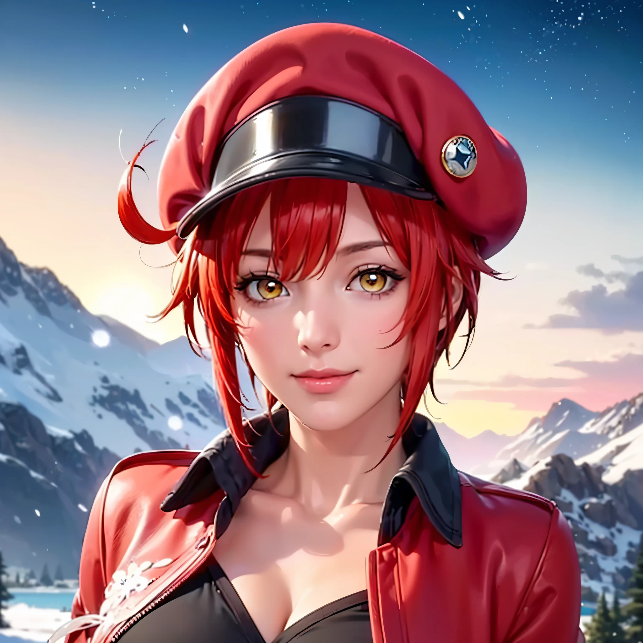 highres,best quality at best,masterpiece,quality,best quality,delicate facial features,look at the audience,there is light in the eyes,(masterpiece),(best quality),masterwork,semrealistic,realistic,mature female,wide hips,fair_skin,shiny_skin,tall,slender,(big breasts:1.1),red hair,hat,short hair,yellow eyes,ahoge,red headwear,red jacket,black shirt,denim shorts,white gloves,red belt,cropped jacket,(kind_smile:1.2),(((masterpiece))), ((the best quality, super fine illustrations, beautiful and delicate water)), ((very delicate light)), ((nature, painting)), ((fine lighting, more transparent stars, high-quality snowflakes, high-quality mountains, very fine 8KCG wallpapers)), (plateau), (((snow mountain))), sunrise, randomly distributed clouds, (snow field), cliff, ((rotating star sky)), ((lake in mountain stream)), luminous particles,(:d :1.4)