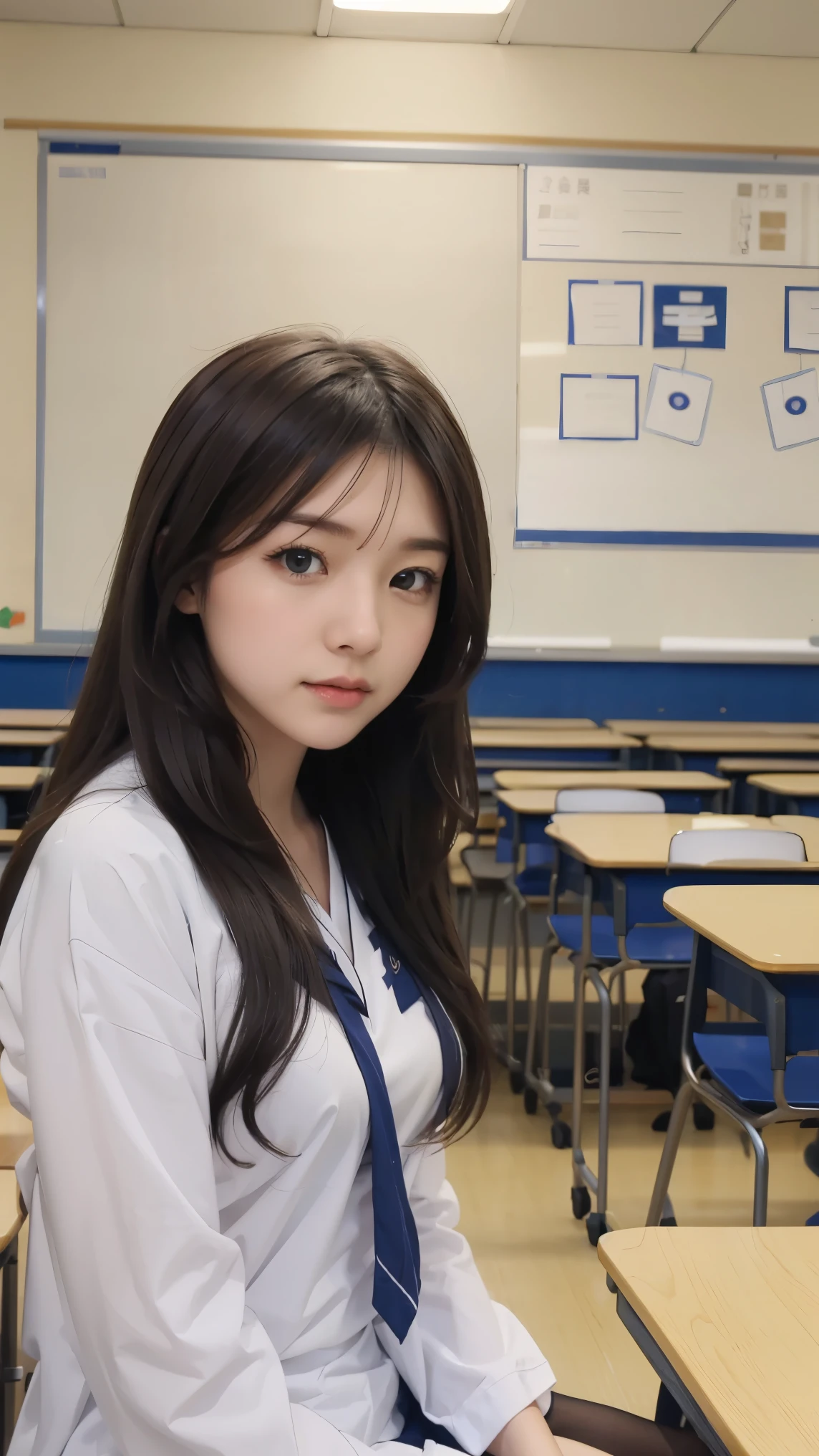 high school girl。sitting in a classroom at school。study。Sailor Suit。日本人