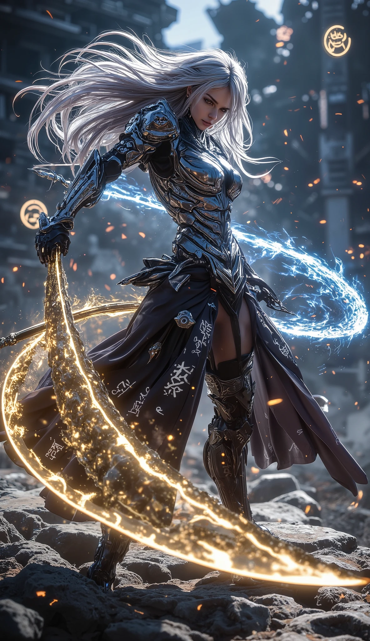 ((Masterpiece, ultra high resolution, highly detailed CG 8K wallpaper)),
a legendary female warrior mid-slash, channeling divine power — inspired by Fate series aesthetics,
flowing long silver hair, glowing with magical energy, her eyes glowing with determination,
wearing a reinforced ceremonial battle dress, fused with armor pieces etched with ancient runes,
in the middle of a shattered battlefield, surrounded by suspended debris and glowing sigils in the air,
her katana or enchanted longsword drawn, unleashing a colossal slash that cuts through space itself,
the slash leaves behind a trail of golden and blue light, distorting the air — like it tore the sky apart,
dynamic pose, motion blur on the blade, sparks and mana particles dancing around her,
intense magic circles lighting beneath her boots, with a backdrop of a crumbling temple or battlefield,
inspired by Fate/Stay Night – Unlimited Blade Works, but with a unique character design and magical twist.