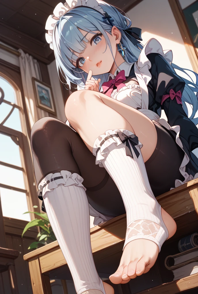 furina_(genshin_impact)eterochromia}},halloes,smile,footjob with bottle box milk,knees_up,spread legs,underwear,from below,looking at viewer,black pantyhose,torn pantyhose,white background,best quality,amazing quality,very aesthetic,absurdres,<lora:Rella:1>,railing