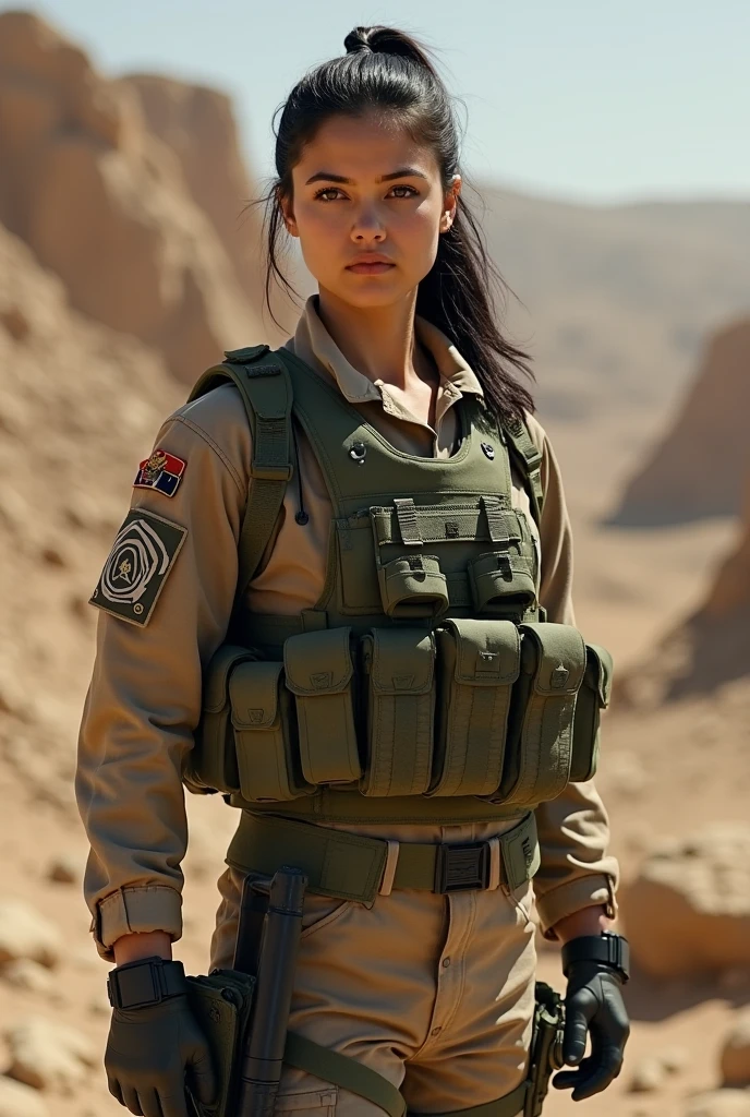 A young woman, fierce and determined, she is an adult, medium-length jet-black hair tied in a practical bun, skin kissed by the sun with a warm bronze tone, her slender yet muscular build reflects years of rigorous training. (((a woman with jet-black hair and bronze skin, 1.65 meters tall))) (((intense and focused gaze))), she stands in a rugged training field, the sun casting sharp shadows across her chiseled features. Dark, almond-shaped eyes that pierce with unwavering resolve, wearing a simple, functional uniform, a dark grey tunic and trousers, tight to the body, allowing for swift movement. Her hands are rough from handling weapons, yet her movements are graceful, fluid, like a warrior in perfect harmony with her surroundings. The dusty earth beneath her feet and the worn training grounds contrast with the vibrant life in her eyes, showing her relentless drive to succeed, to fight. She embodies the essence of a warrior in her prime, ready to face any challenge with unyielding strength.