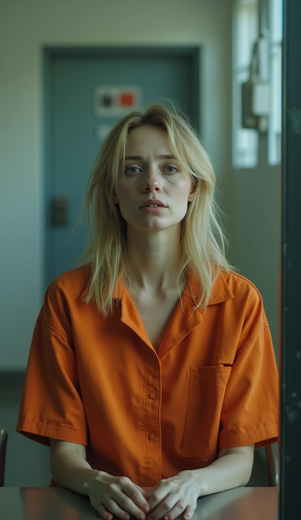 Portait of a scared young blonde russian woman in jail wearing a orange jumpsuit