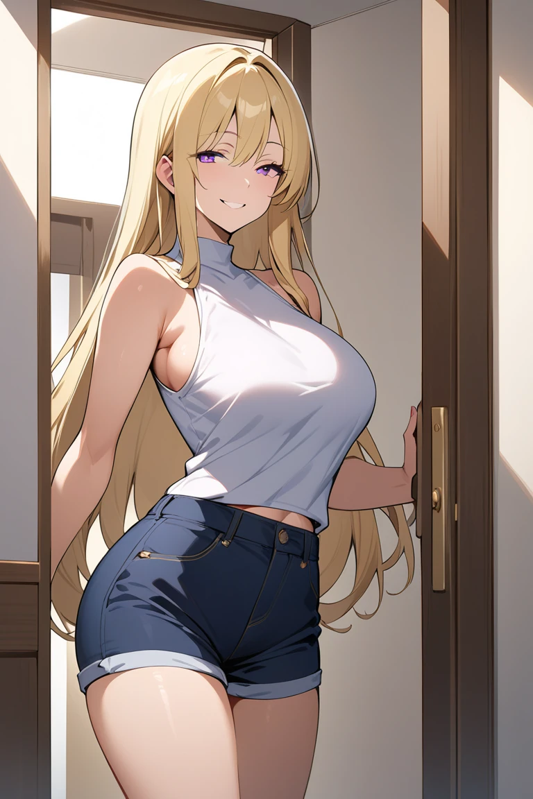absurdres, highres, 1girl, blonde hair, long hair, gyaru, tank top, denim shorts,