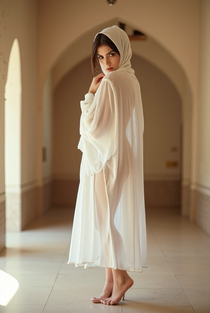 Beautiful glasses pearl_skinned sexy transparent thin hijabi javanese wearing tribal, wearing thin  transparent see through muslimah gamis, Masterpiece, Soft smile, no bra, no panties, no underwears,  full naked, vagina seen, front view, slim body, standing straddeled spreaded legs, realistic, natural,