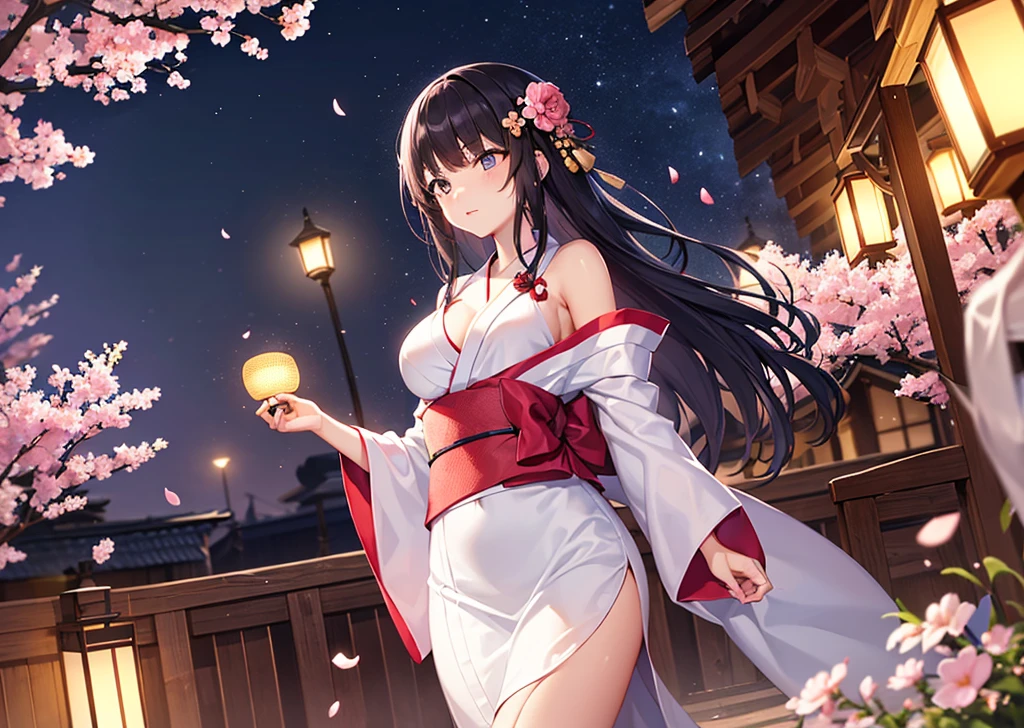 (masterpiece, best quality, detailed), 1girl, solo, looking at viewer, defTifa, red eyes, low-tied long hair, earrings, 
miko, japanese clothes, red hakama, wide sleeves, white kimono, ribbon trim, hakama short skirt, outdoors, night, torii, shrine, east asian architecture, hands on hips, smile, parted lips