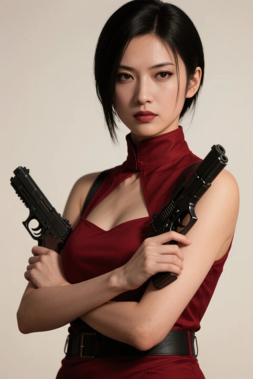 <lora:adawang_V1:0.6>,1girl, in ruined building cause of war,solo,short hair,choker,red dress, from bottom, large breast, holding_gun, ak-47, akm, assault rifle, kalashnikov rifle, <lora:bettergunAK47WIP_betaWIP:0.9>,, masterpiece, best quality,