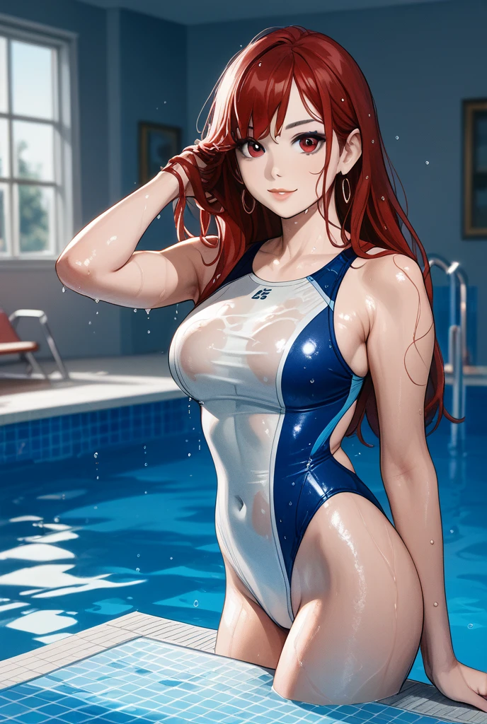 realistically、Super high saturation、8k、Long red curly hair(((a 30 year old girl)))、((She is wearing an orange and crimson turtleneck swimsuit。)).、swim、Thighs are thicker、Emphasis on muscle development。、turn around,Show your butt、Various sexy pose swimプールround olympic 体操選手ics stadium 美しい顔, Highly detailed face and skin textures, (Eyes have small wrinkles, double eyelids, thin eyebrows, glitter eyeliner: 1.2, natural cheeks, skin shiny, White skin,, (shiny lips: 1. 4),Sweating 1.0、(((vitality)))