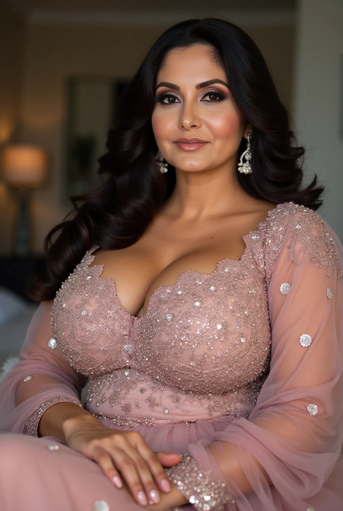 a 30 year most beautiful very busty full voluptuous very sexy fat Arabic women standing outside of modern villa, hd details of award show,HD makeup,hd details,hd render,realistic,hyper realistic,photograph,wearing a extreme embroidery Arabic traditional multi color net full see through full skin tight dress,use multiple variations and color,create perfect sitting details,(full body view)(gigantic breast)(large breast)(round breast)(perfect face)perfect face details,perfect eyes,perfect lips,fair skin,bold joyous expressions,,create a good perfect finger details,(pay attention to gigantic huge breasted women to attraction)(hd makeup)((shimmery makeup))((nipple slip very low cleavage))((pay more attention to create perfect realistic clear eyes))