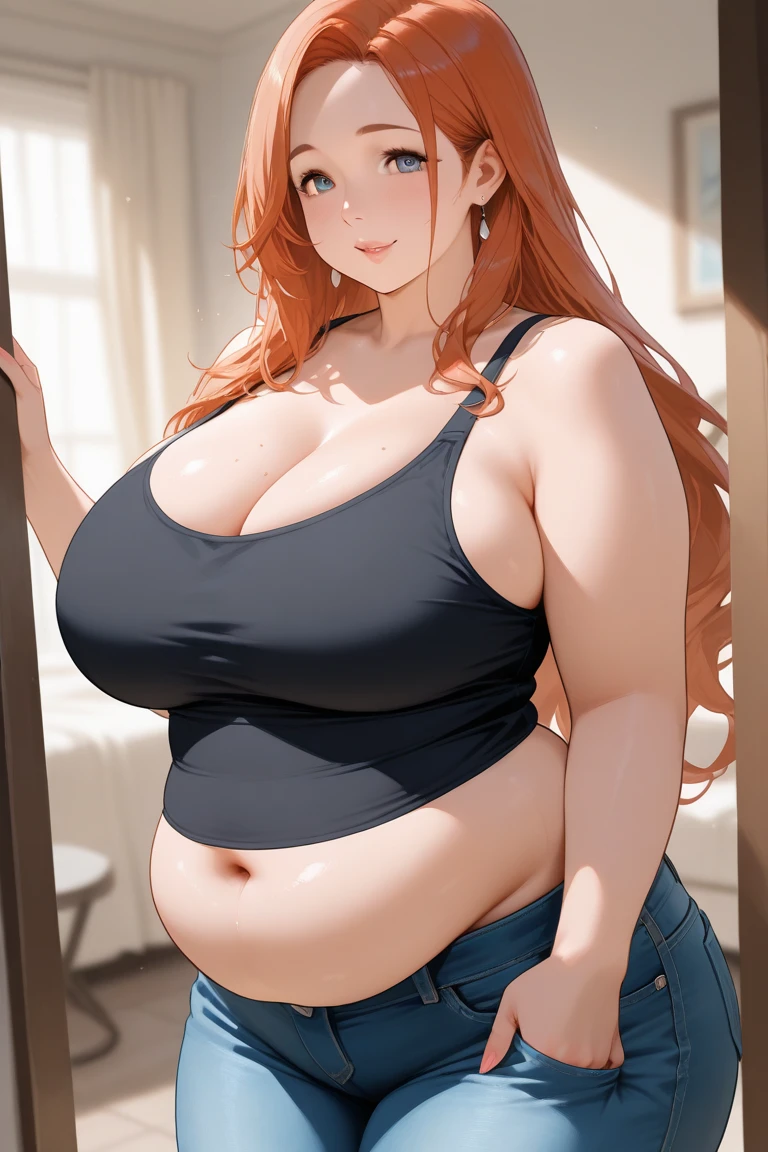 extremely delicate and beautiful, Amazing, finely detail, masterpiece, ultra-detailed, highres,best illustration, best shadow,intricate,sharp focus,  high quality, sonia from pokemon, orange hair, solo, long hair, curvy, milf, giant breasts, sexy body, black yoga pants, genshin impact,