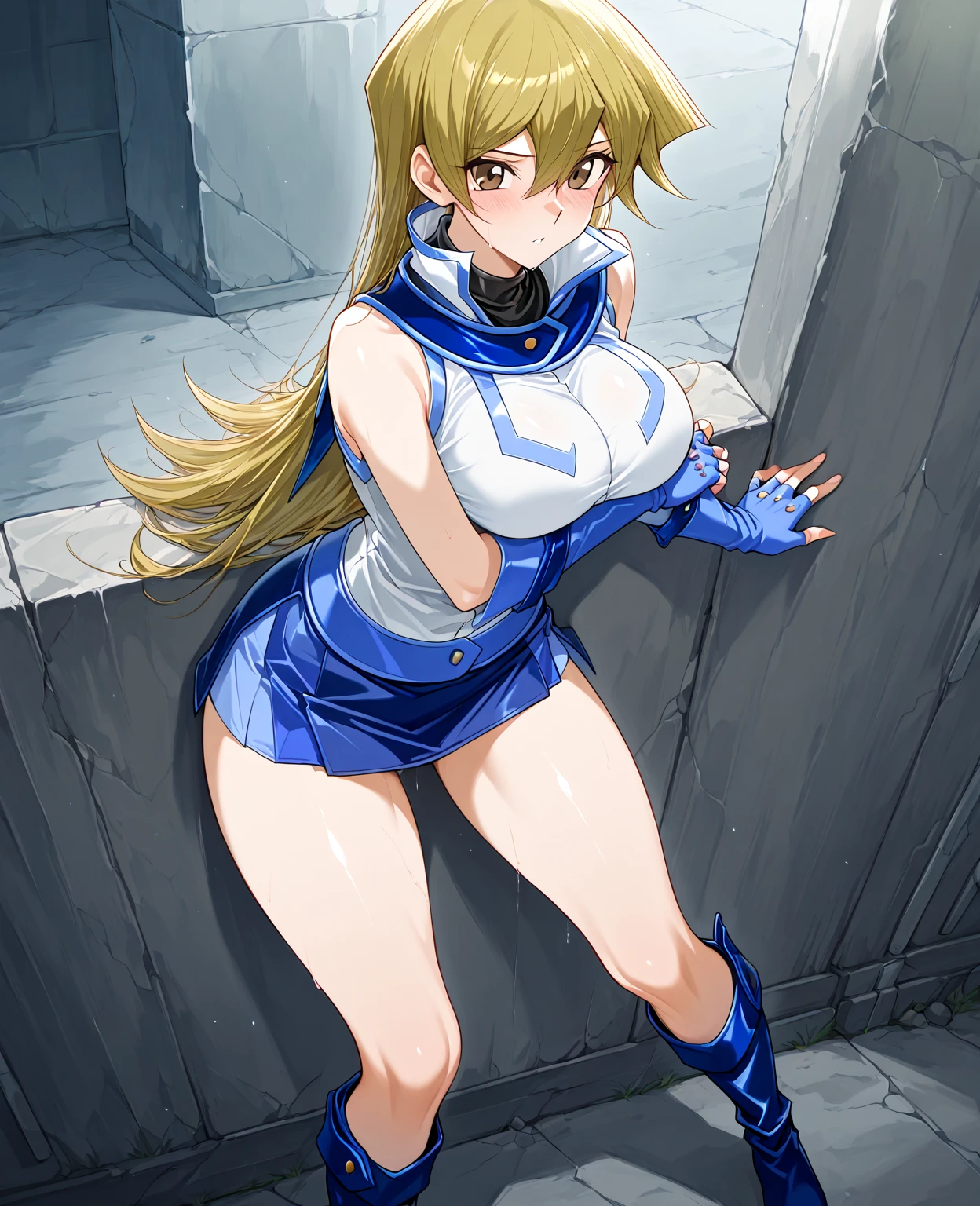 (8K, Best quality at best, tmasterpiece:1.2),\(Eyes detailed\),\(facial feature\),(\(Clothes detail details\)\),(1 girl:1.3),(Alone:1.35),Full body lesbian,18yr old,blond hair blue eyes,sexy plump model,(/white skinned/),(_Yergin:1.2),(a slender waist:1.2),navel,(Cute cheerleading uniforms:1.2),Cheerleading action attention,an sexy,A mature woman,cute cheerleader、Decided Pose,(depth of fields:1.15),(ssee-through:1.25)