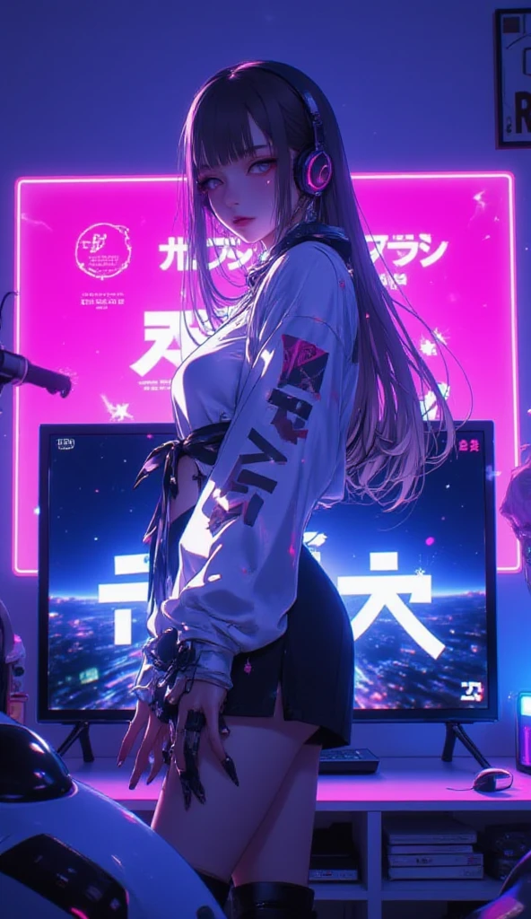 **background**:1990s Game Center、Shiny neon signs and the sounds of gaming consoles
**woman**:Straight Hair、オーバーサイズのTシャツとジーンズを着た若いwomanが、Addicted to the game